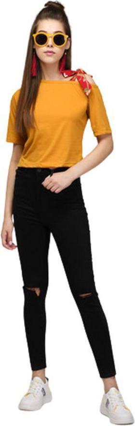 Women's Viscose Rayon Solid Cold Shoulder Top Roposo Clout